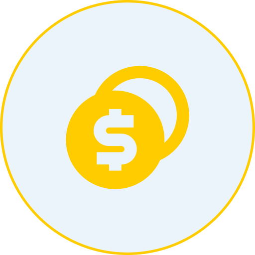 Icon of two overlapping yellow coins with a dollar sign, enclosed in a circle with a pale background.